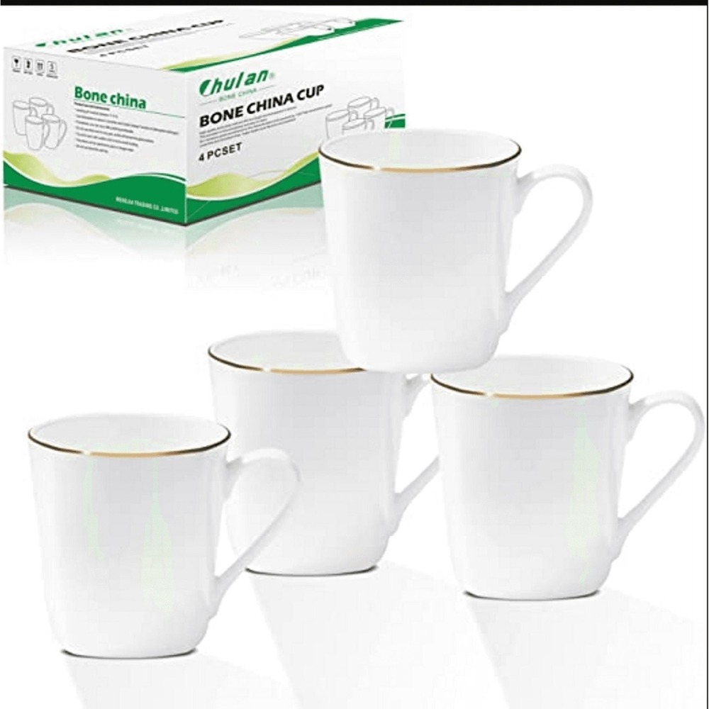 Chulan Fine Bone China Coffee Mugs with Gold Rim, Set of 4, 10oz
